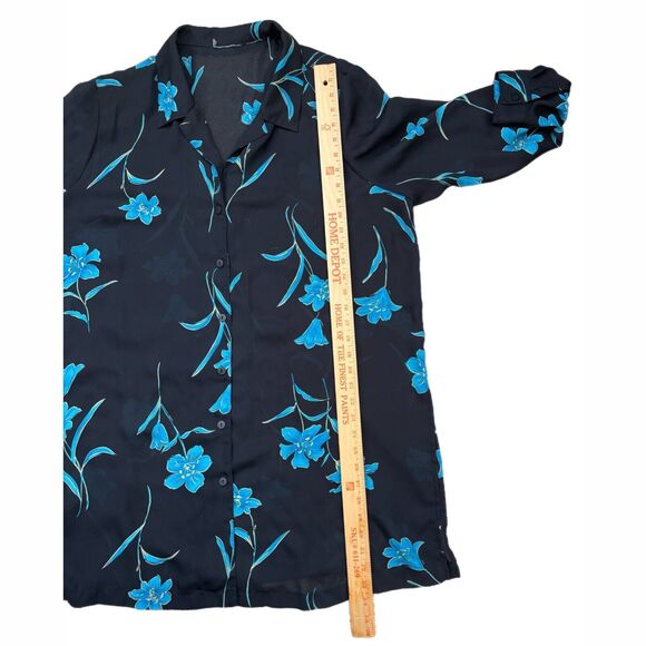 Womens Sheer Floral Print Button Up Top Size 1X Blue Vintage Shoulder Pads - Picture 7 of 8